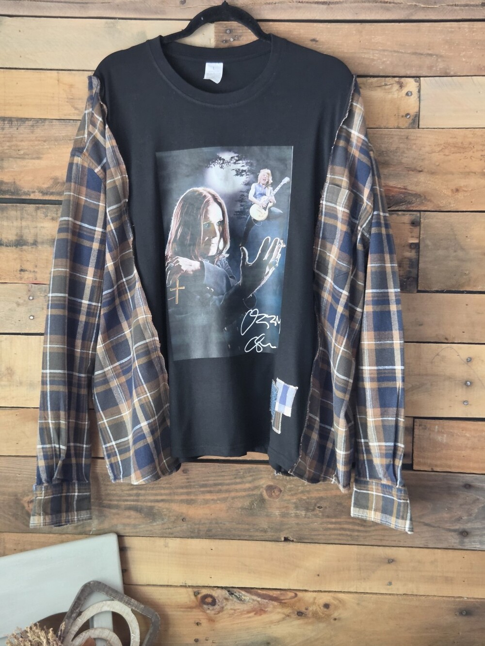Upcycled Black Ozzy Graphic T-shirt Flannel-Sleeve .